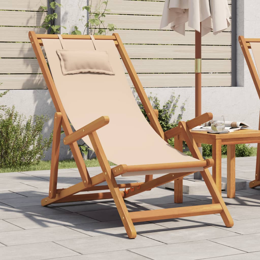 Klapstol i beige, massivt træ, eukalyptus og stof