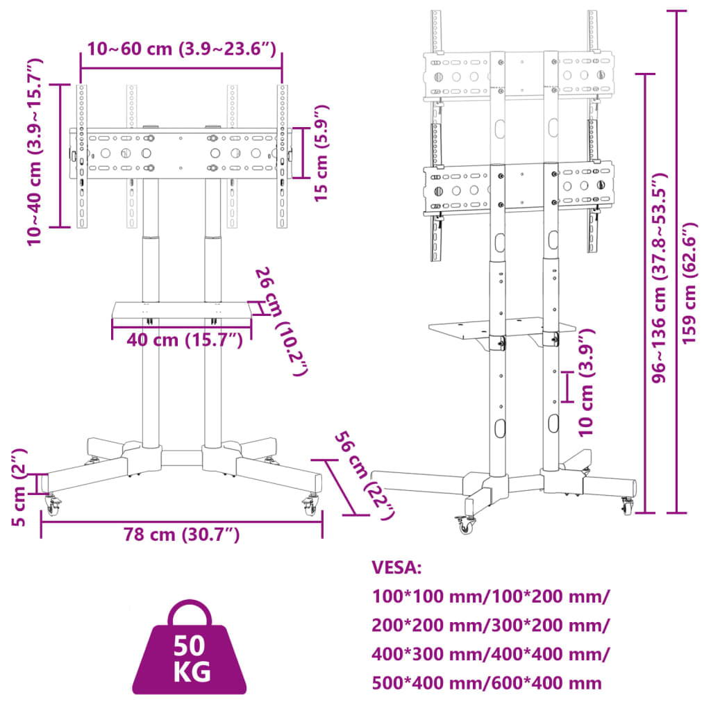 tv-stativ med hjul til 32-70" maks. VESA 600x400 mm 50 kg