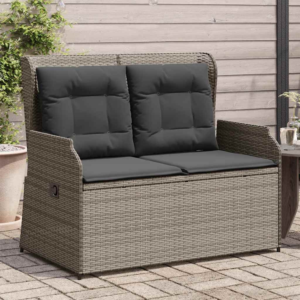 havebænk med hynder og lænefunktion polyrattan grå