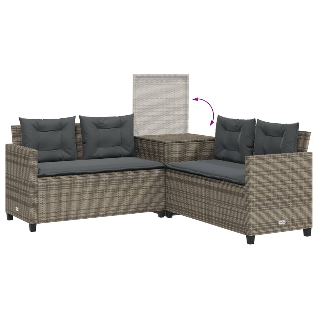 havesofa med bord og hynder L-formet polyrattan grå