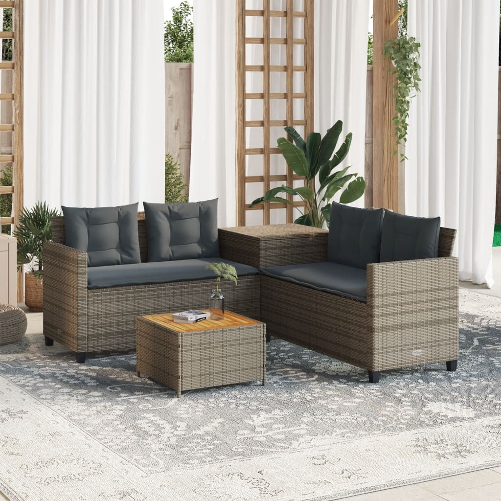 havesofa med bord og hynder L-formet polyrattan grå