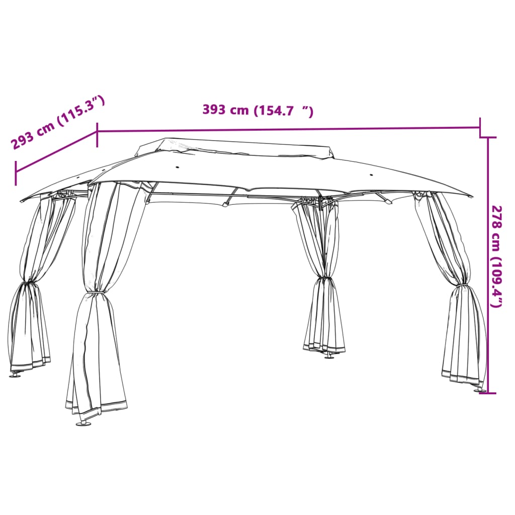 pavillon 3,93x2,93 m dobbelt tag + meshvægge stål gråbrun
