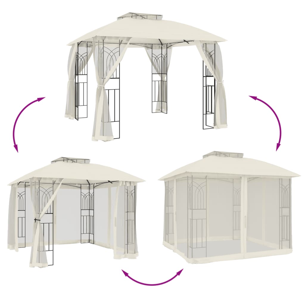 pavillon 2,94x2,94 m dobbelt tag + meshvægge stål cremefarvet