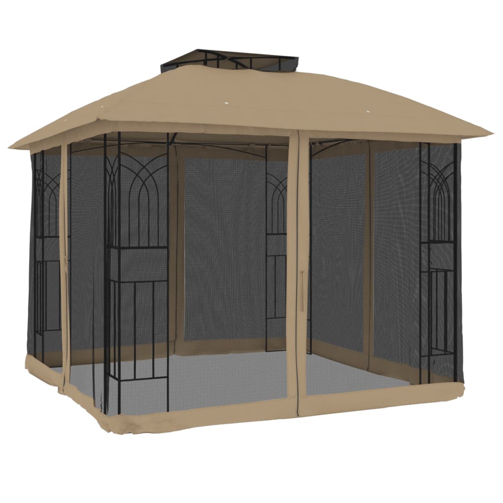 pavillon 2,94x2,94 m dobbelt tag + meshvægge stål gråbrun