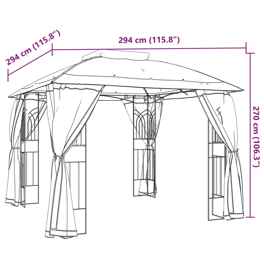 pavillon 2,94x2,94 m dobbelt tag + meshvægge stål gråbrun