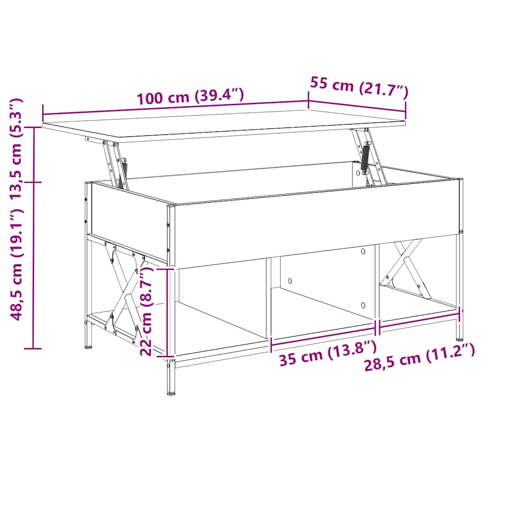 sofabord 100x55x50 cm konstrueret træ og metal sonoma-eg