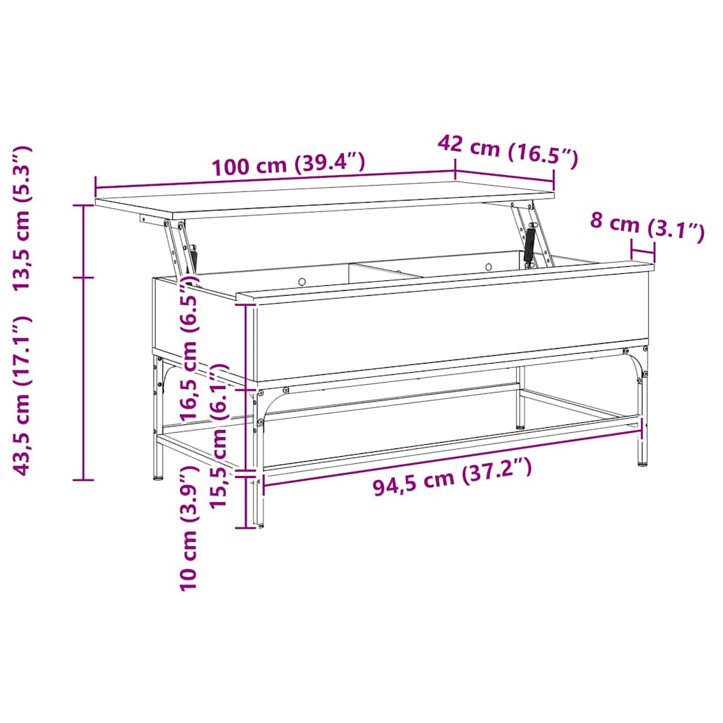 sofabord 100x50x45 cm konstrueret træ og metal grå sonoma-eg