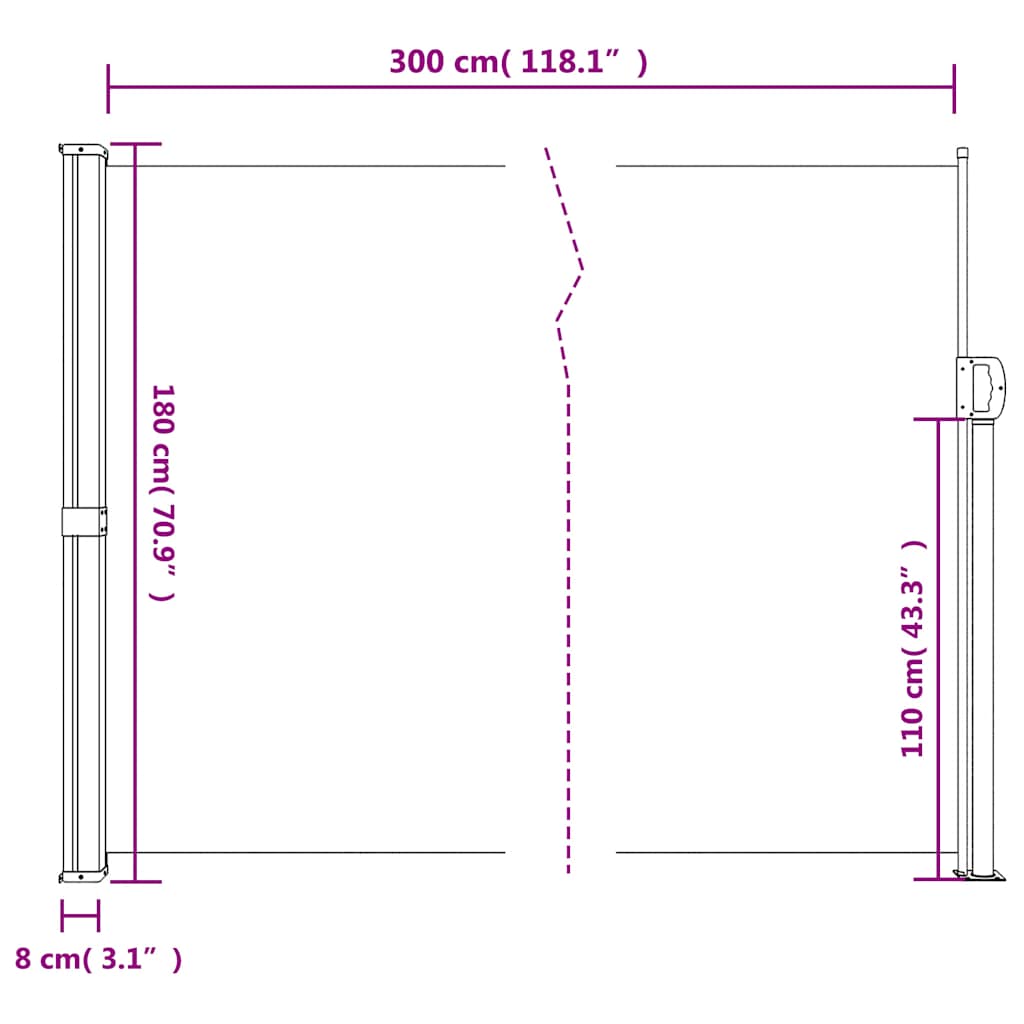 sammenrullelig sidemarkise 180x300 cm hvid