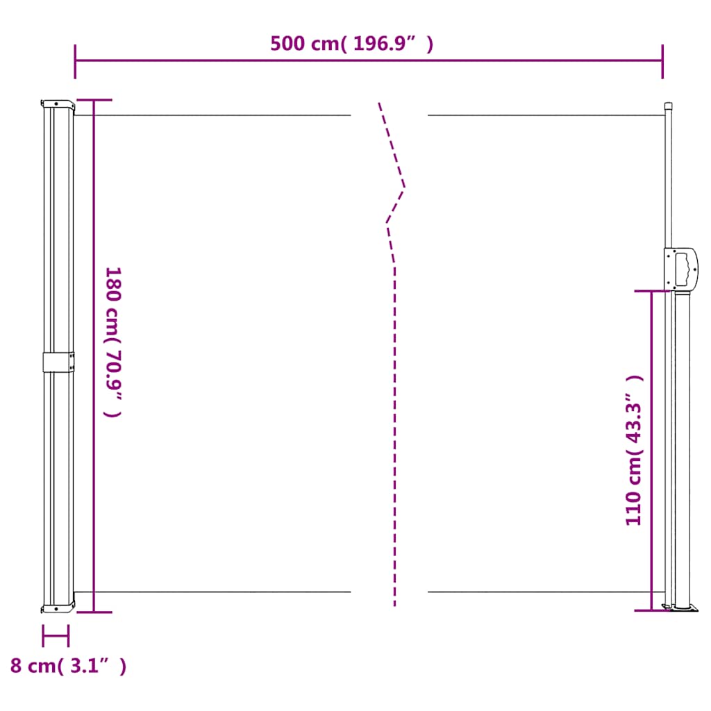 sidemarkise 180x500 cm sammenrullelig antracitgrå