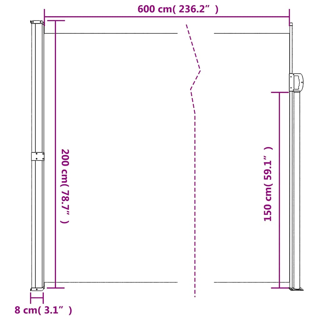 sammenrullelig sidemarkise 200x600 cm antracitgrå