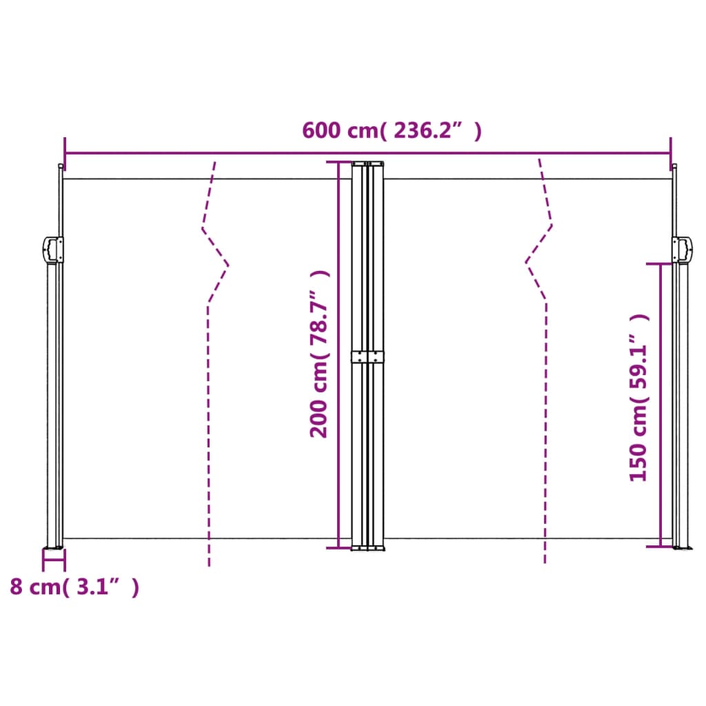 sammenrullelig sidemarkise 200x600 cm hvid