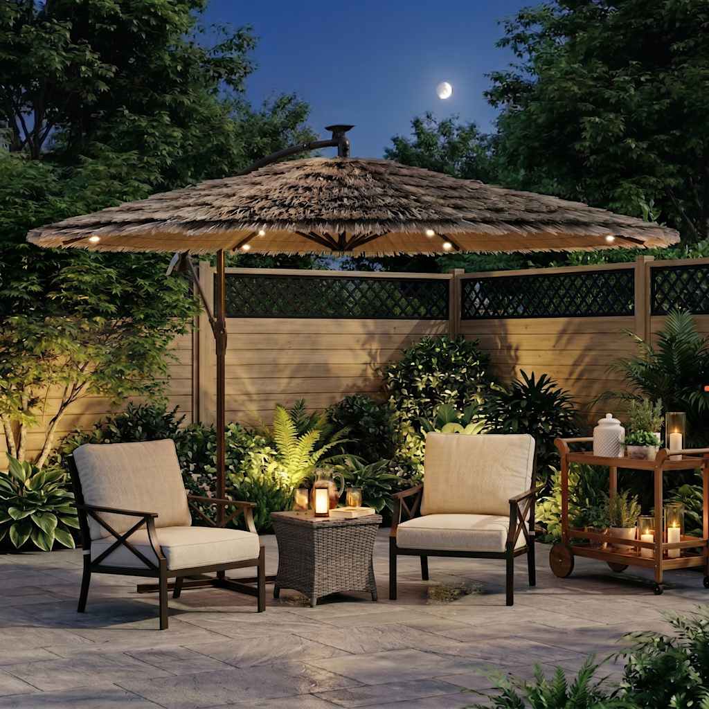 haveparasol med LED-lys og stålstang 269x269x235 cm brun