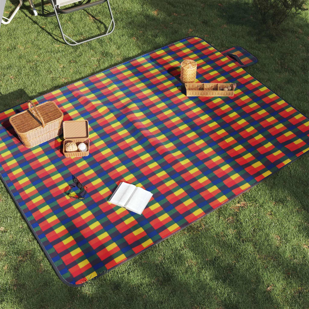 picnictæppe 200x150 cm foldbart ternet fløjl flerfarvet