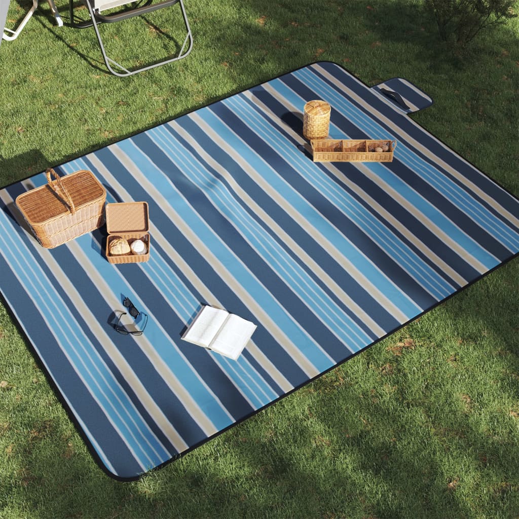 picnictæppe 200x150 cm foldbart bølget fløjl blå og hvid