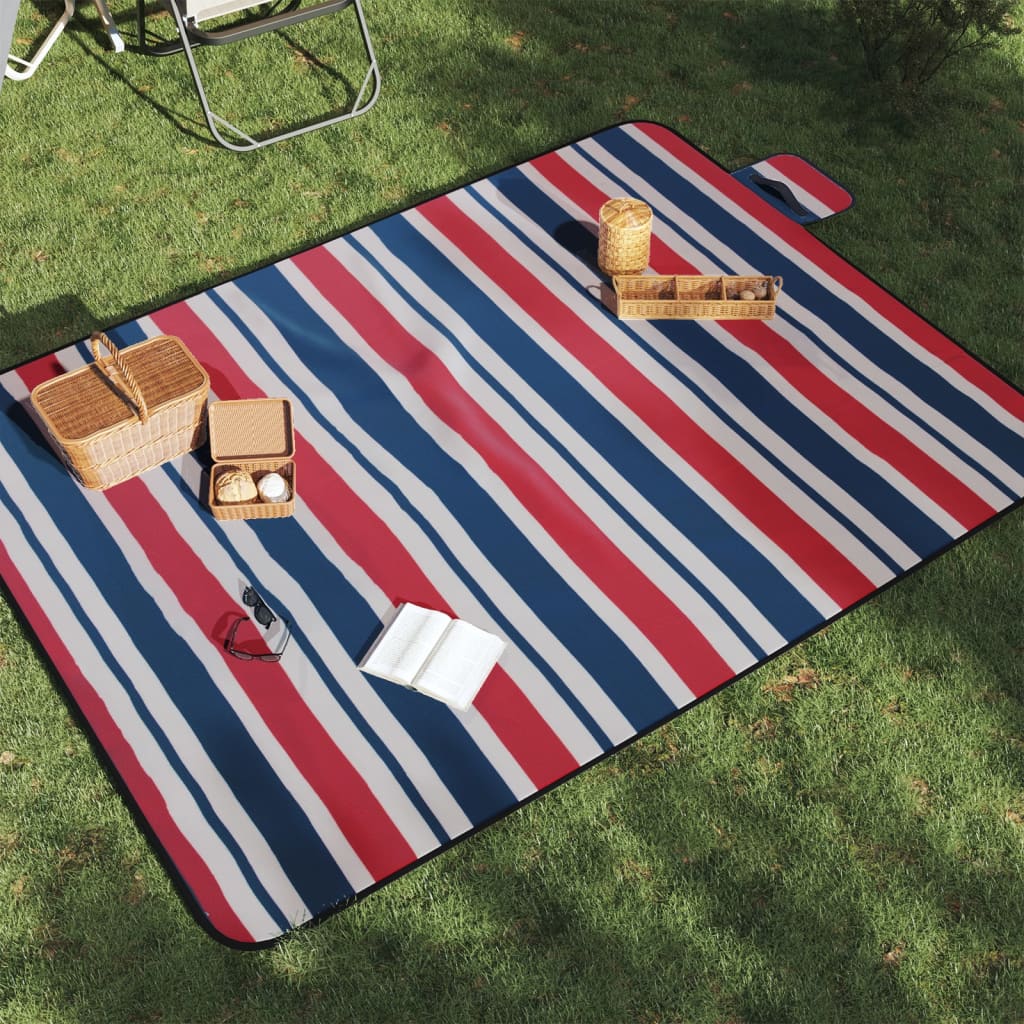 picnictæppe 200x150 cm foldbart fløjl stribet rød og blå