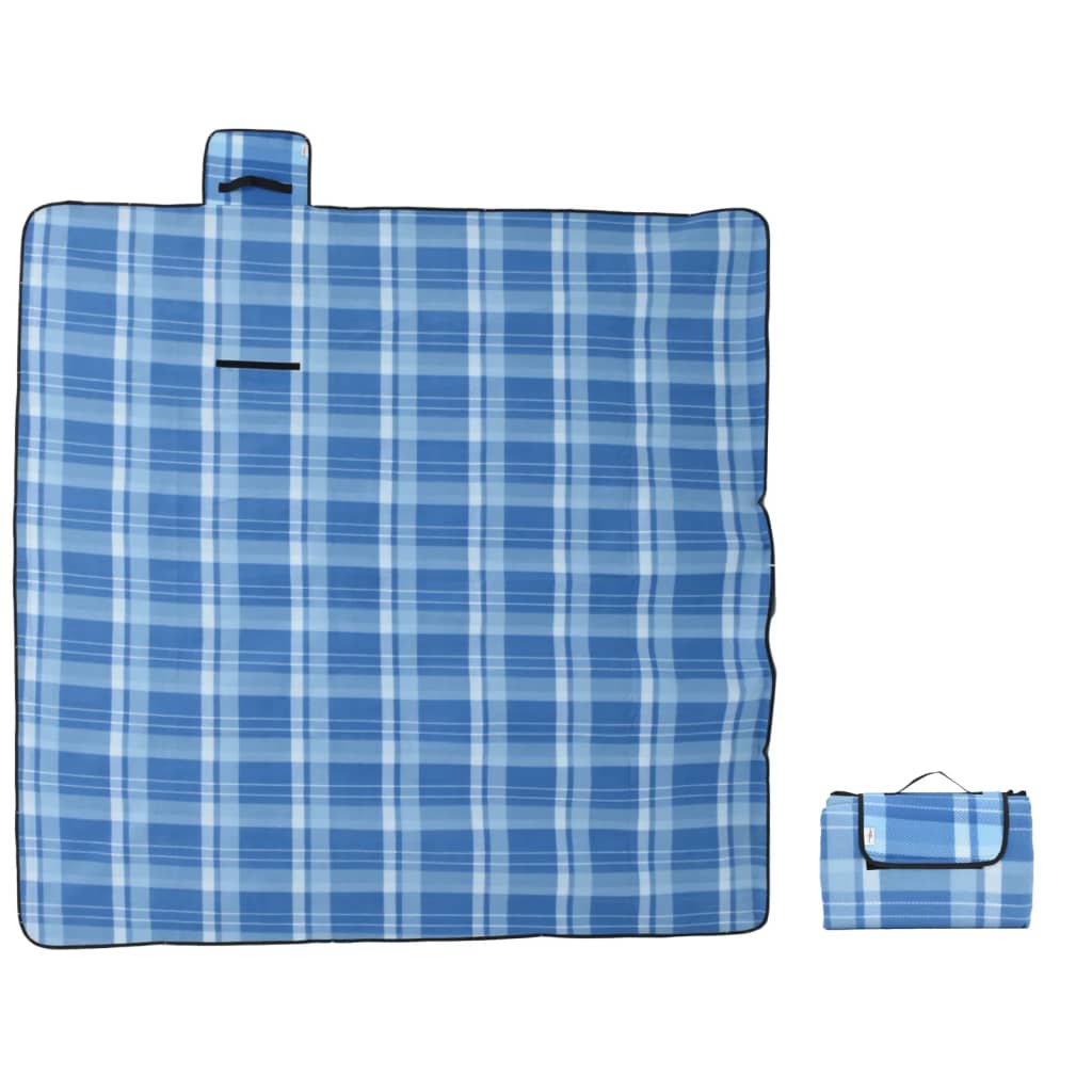 picnictæppe 200x200 cm foldbart fløjl ternet blå