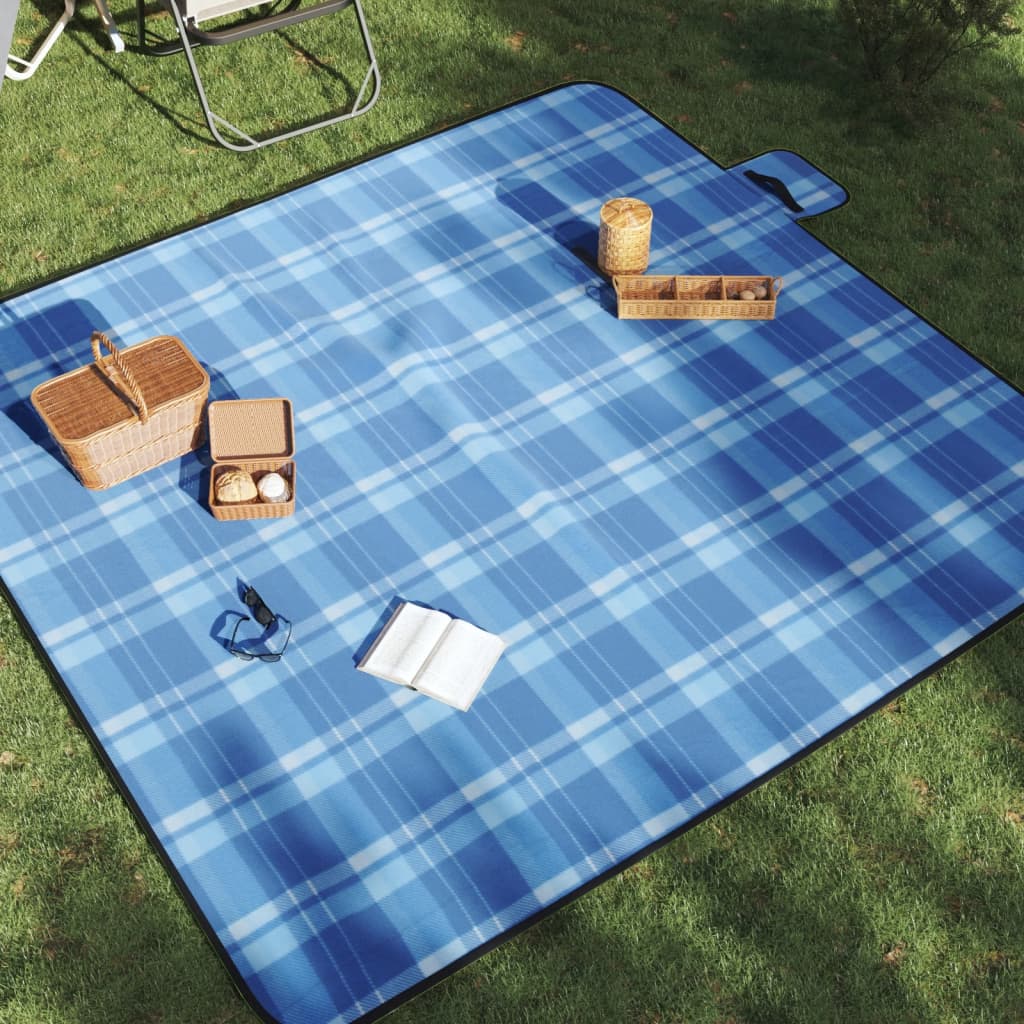 picnictæppe 200x200 cm foldbart fløjl ternet blå