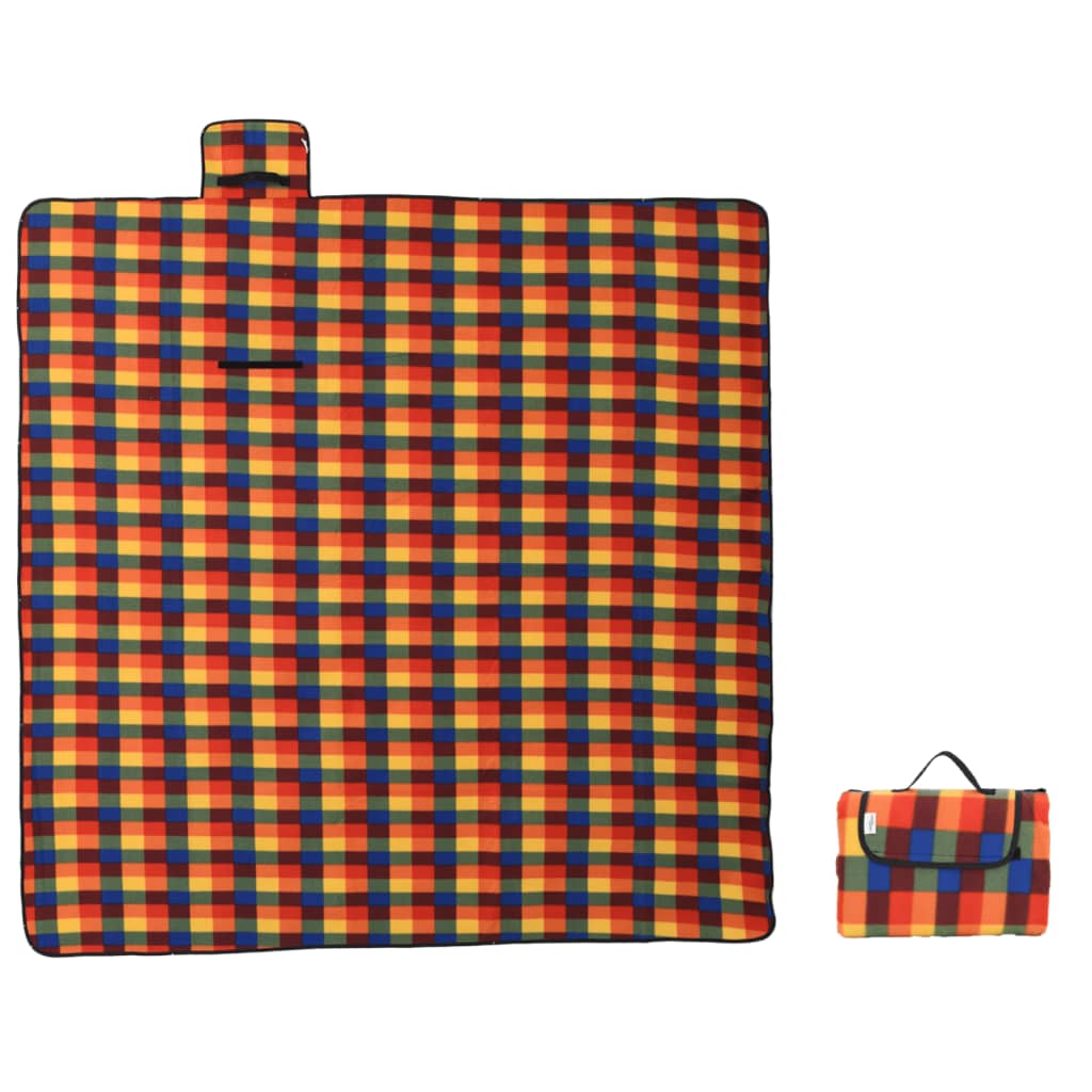 picnictæppe 200x200 cm foldbart fløjl ternet flerfarvet