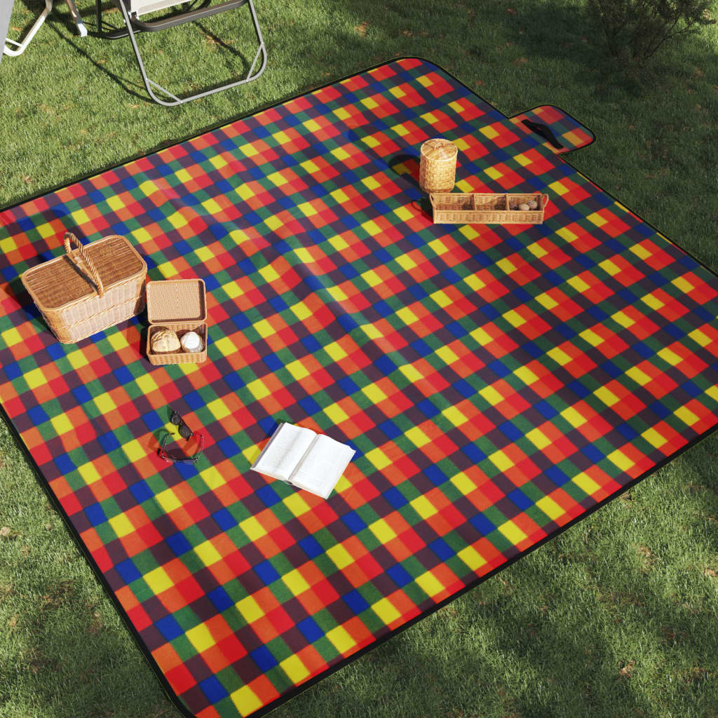 picnictæppe 200x200 cm foldbart fløjl ternet flerfarvet