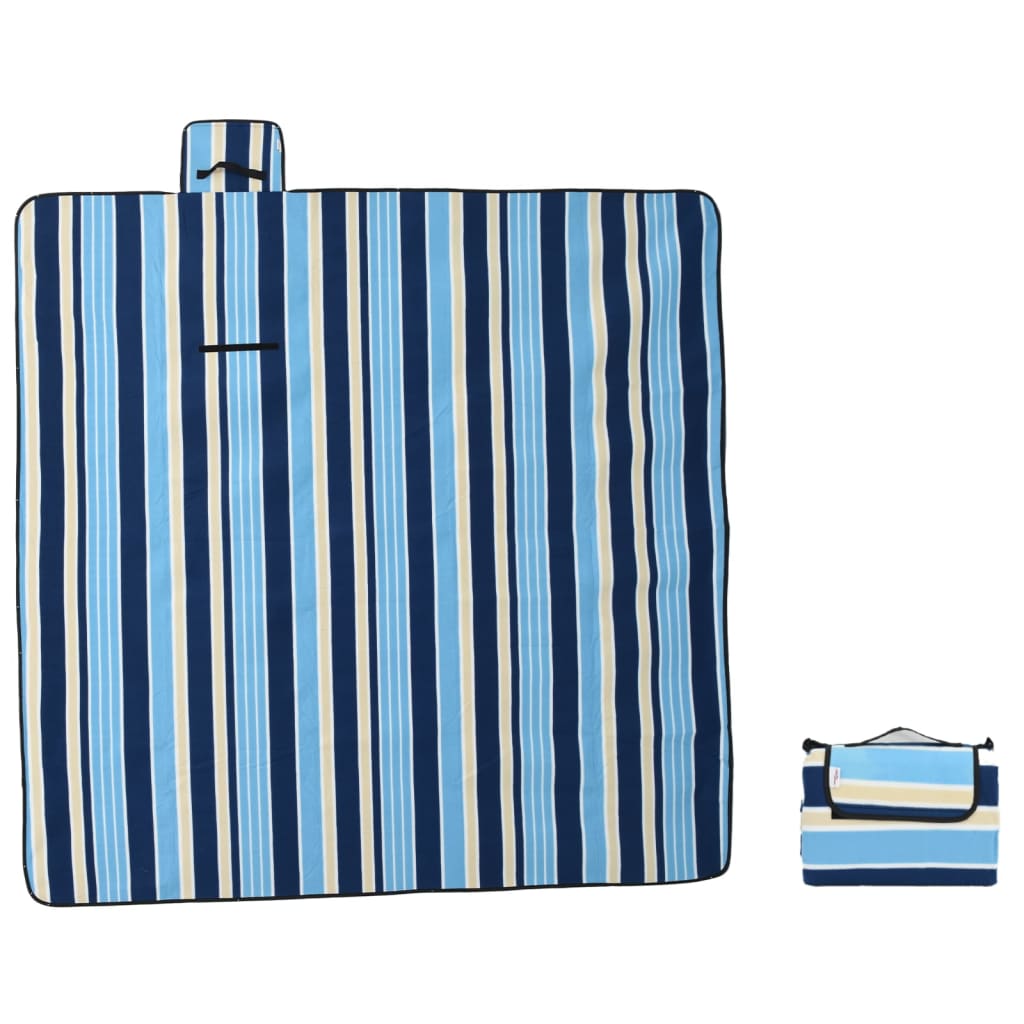 picnictæppe 200x200 cm foldbart bølget fløjl blå og hvid