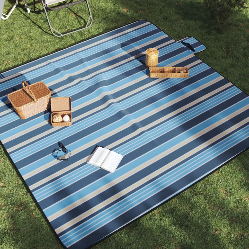 picnictæppe 200x200 cm foldbart bølget fløjl blå og hvid