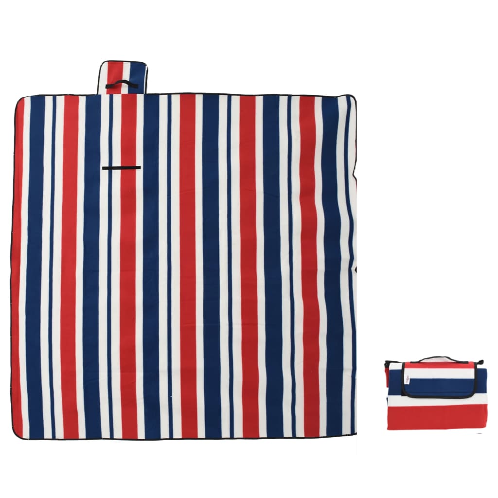 picnictæppe 200x200 cm foldbart fløjl stribet rød og blå