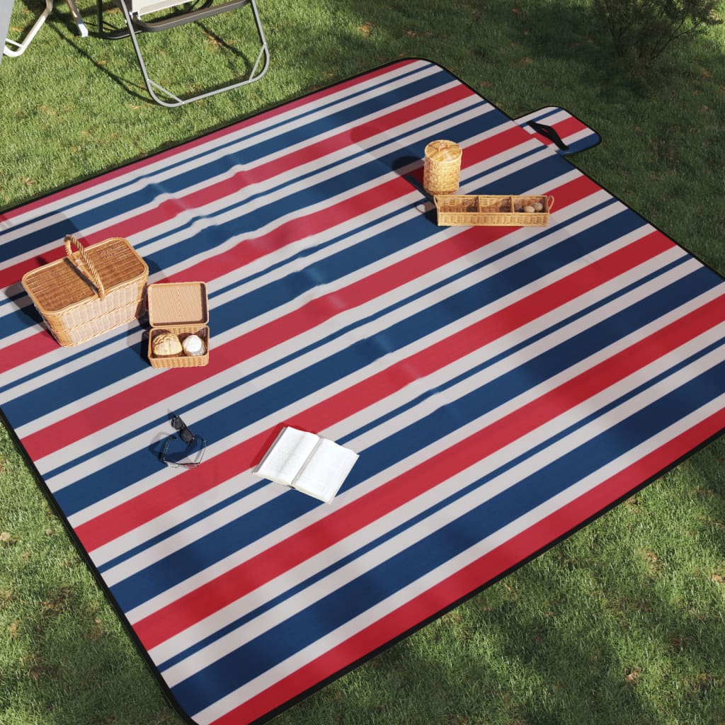 picnictæppe 200x200 cm foldbart fløjl stribet rød og blå