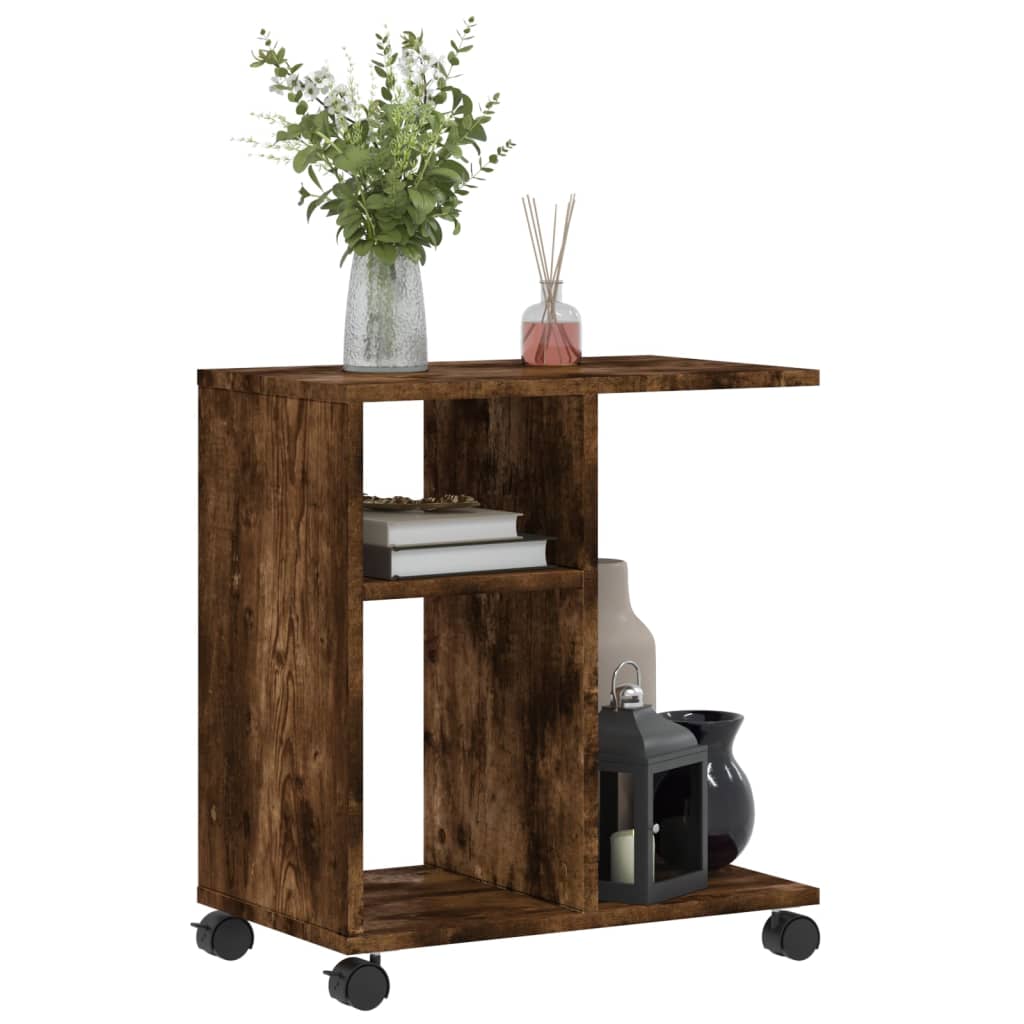 sidebord med hjul 50x30x55 cm konstrueret træ røget egetræ