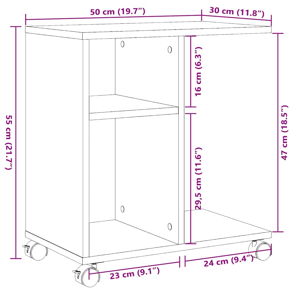 sidebord med hjul 50x30x55 cm konstrueret træ grå sonoma-eg