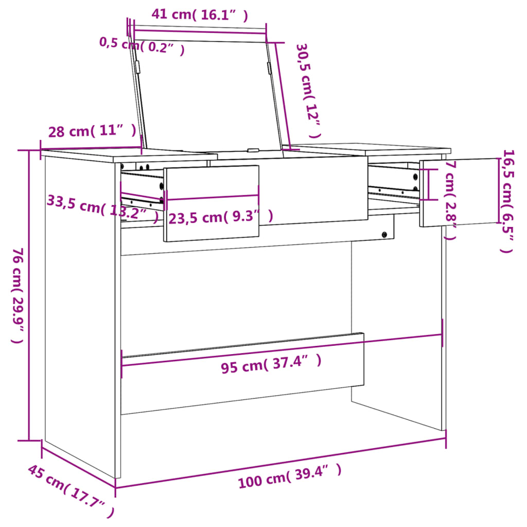 makeupbord med spejl 100x45x76 cm sort