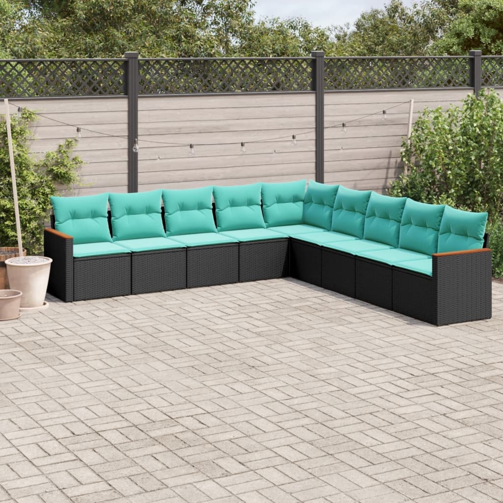 havesofasæt med 9 dele og hynder sort polyrattan