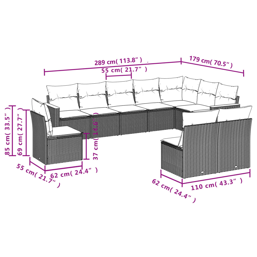 havesofasæt med 10 hynder sort polyrattan