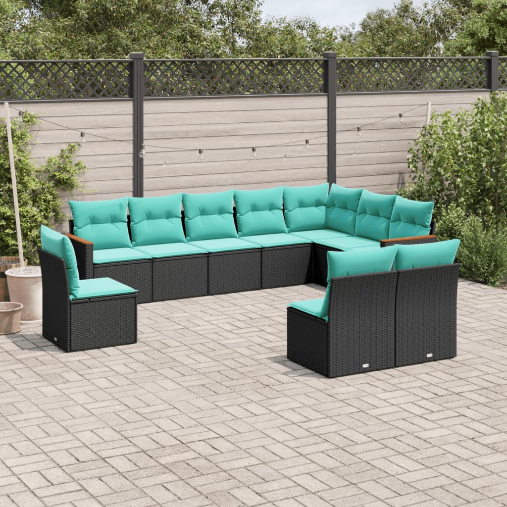 havesofasæt med 10 hynder sort polyrattan