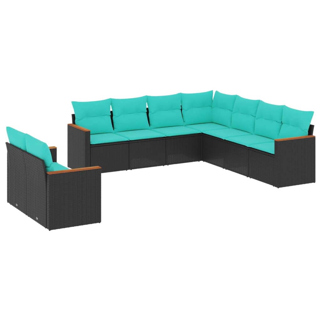havesofasæt med 9 dele og hynder sort polyrattan