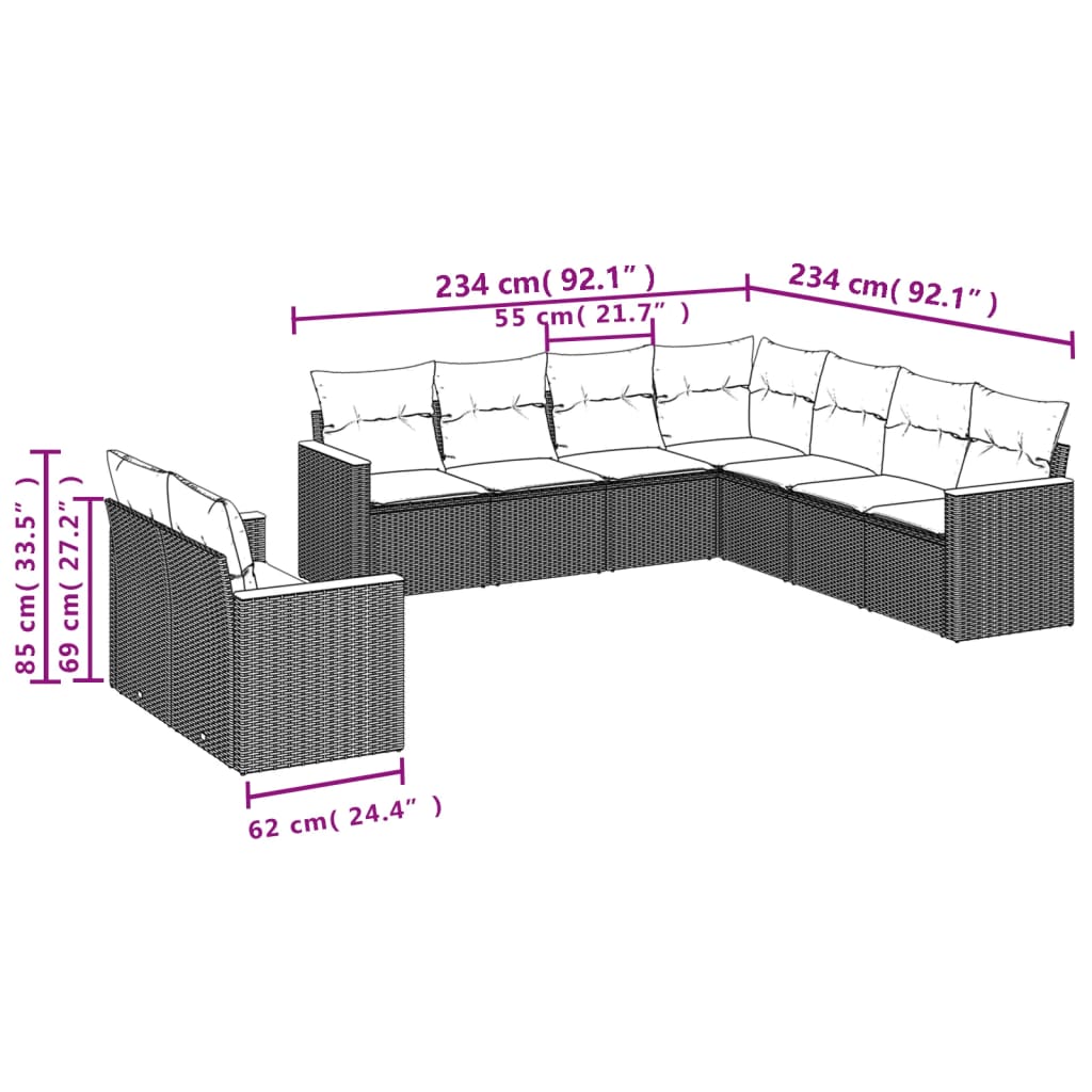 havesofasæt med 9 dele og hynder sort polyrattan