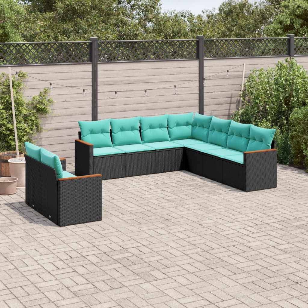 havesofasæt med 9 dele og hynder sort polyrattan