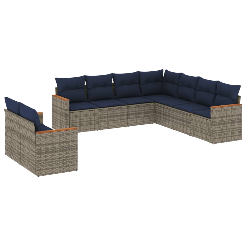 havesofasæt med 9 dele og hynder grå polyrattan