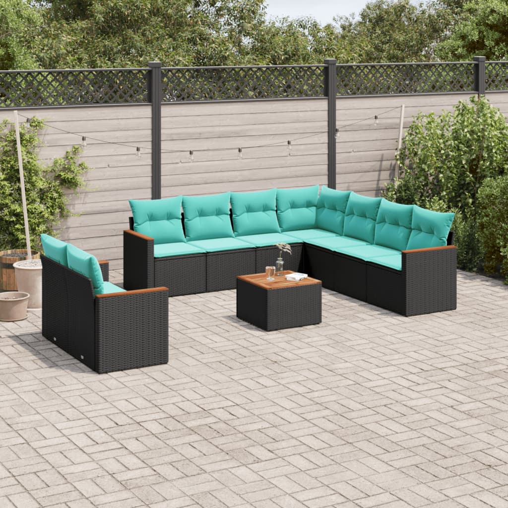havesofasæt med 10 hynder sort polyrattan