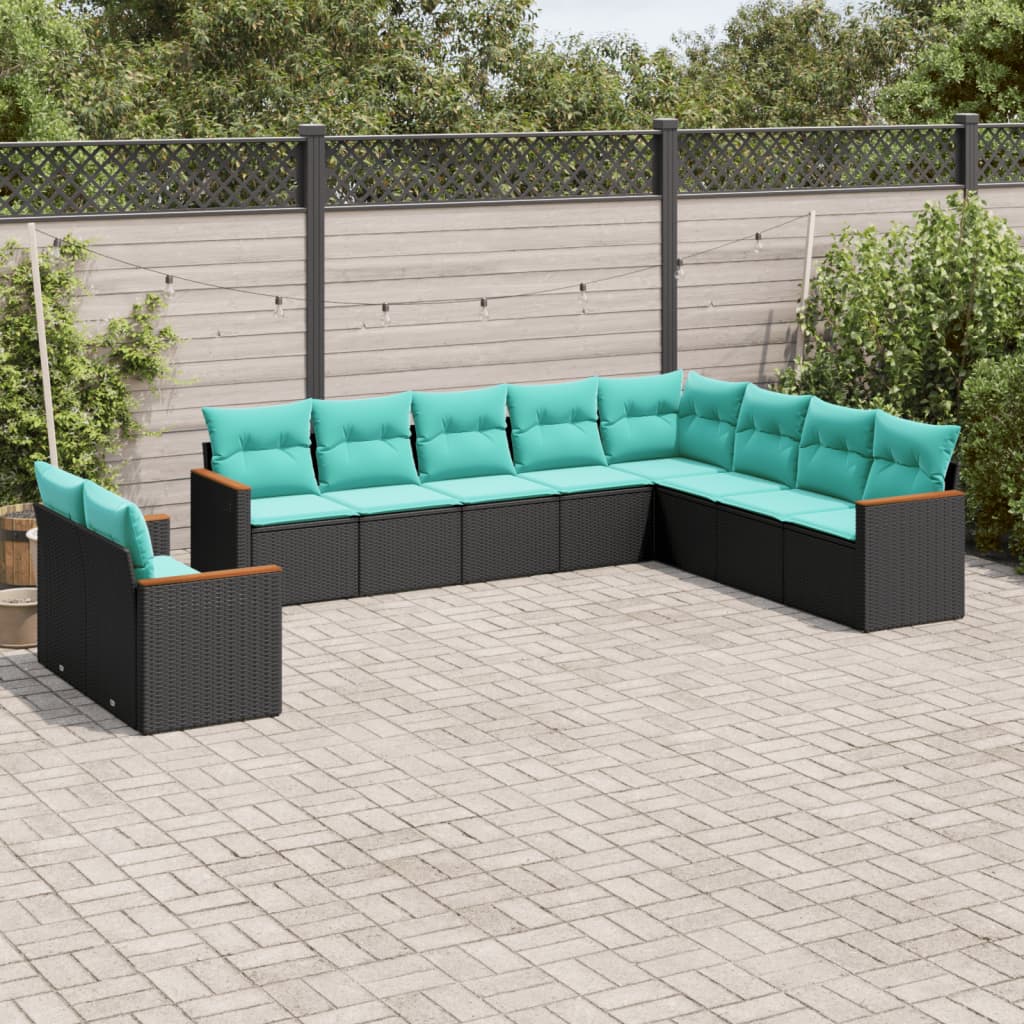 havesofasæt med 10 hynder sort polyrattan