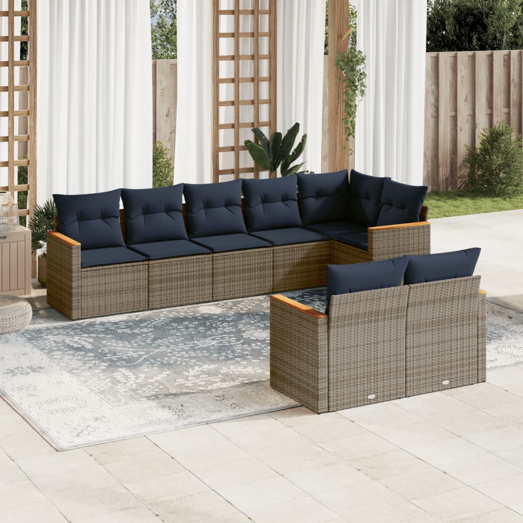 havesofasæt med 8 hynder grå polyrattan