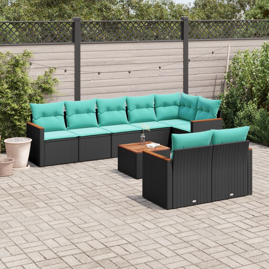 havesofasæt med 9 dele og hynder sort polyrattan