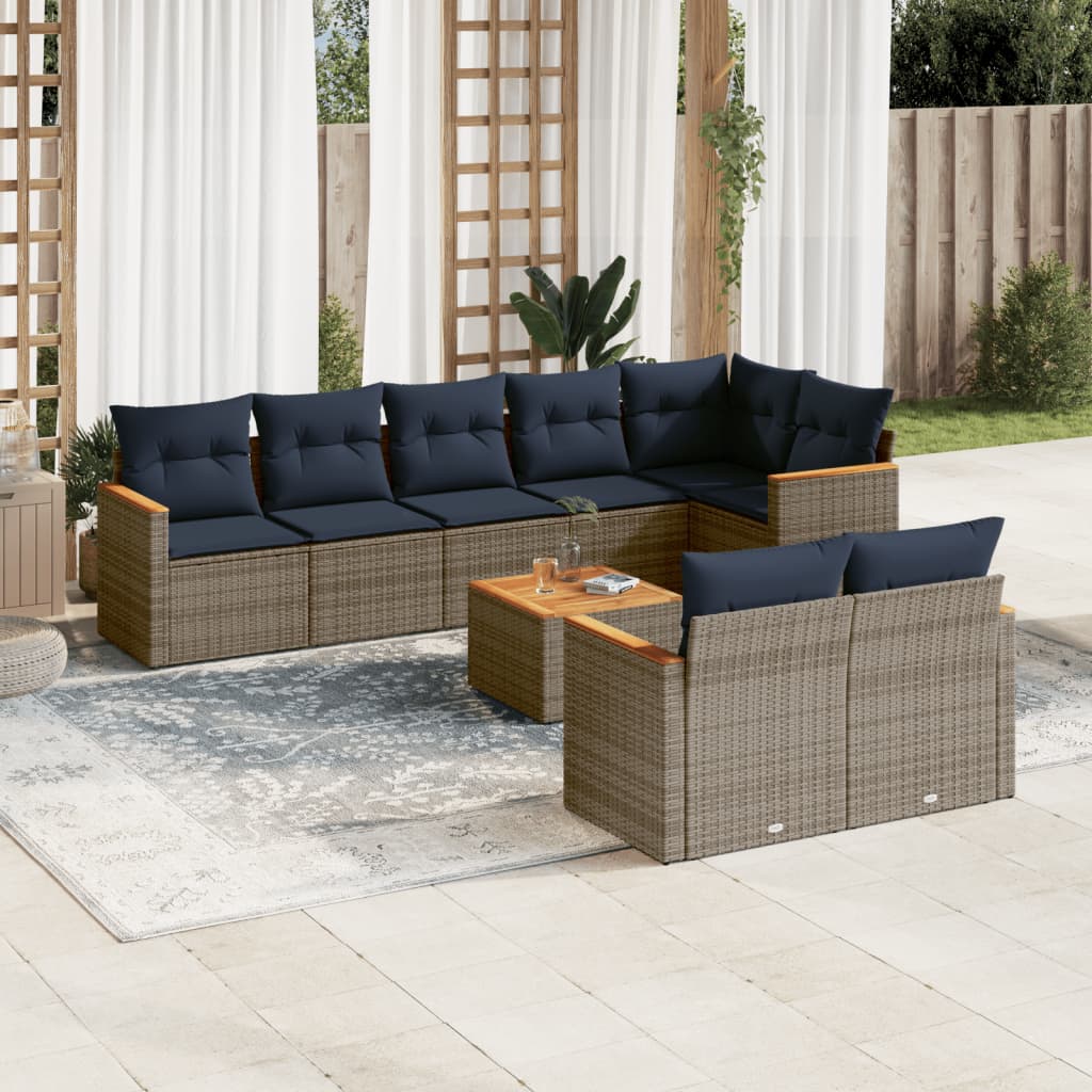 havesofasæt med 9 dele og hynder grå polyrattan