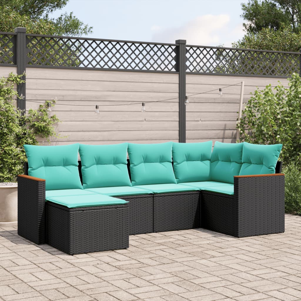havesofasæt med 6 hynder sort polyrattan