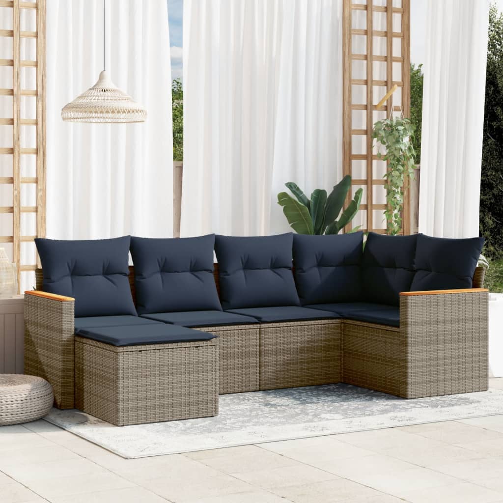 havesofasæt med 6 dele og hynder grå polyrattan