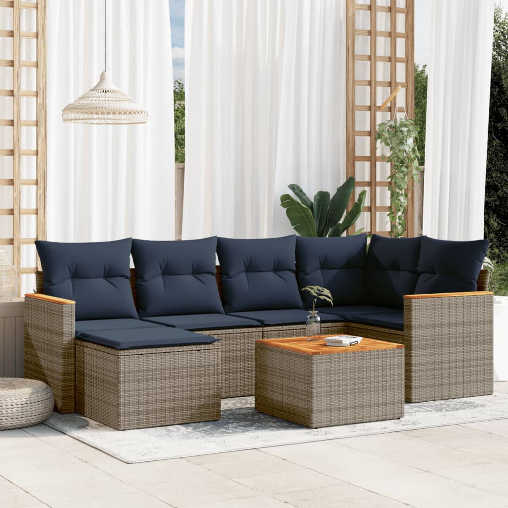 havesofasæt med 7 dele og hynder grå polyrattan