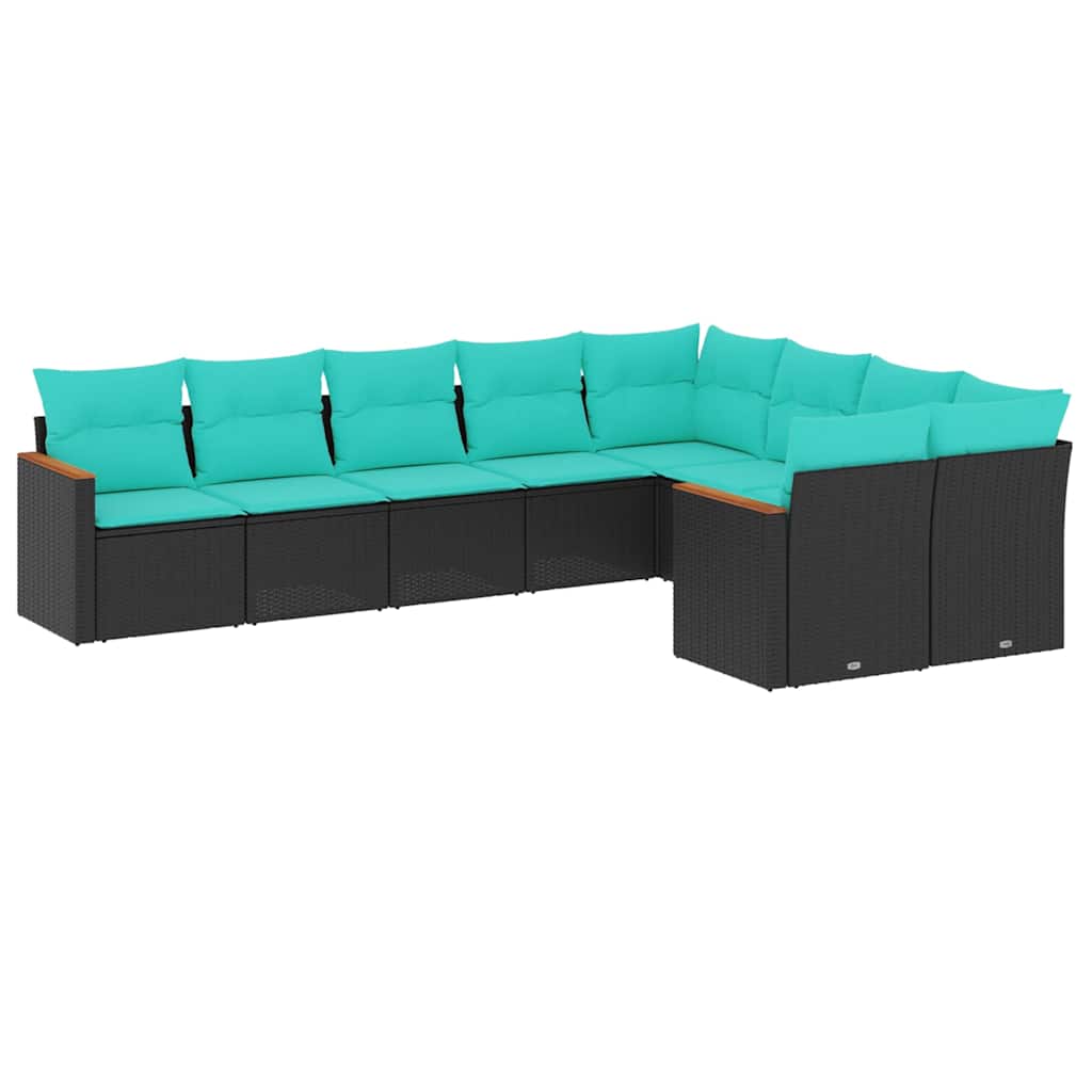 havesofasæt med 9 dele og hynder sort polyrattan