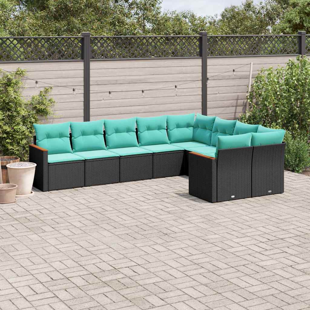 havesofasæt med 9 dele og hynder sort polyrattan