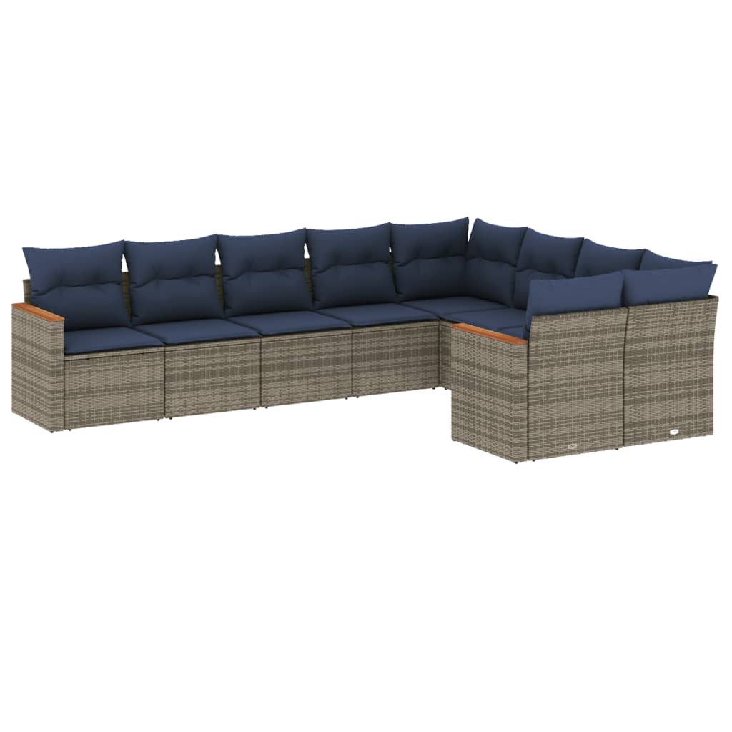 havesofasæt med 9 dele og hynder grå polyrattan
