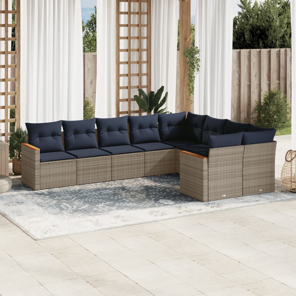 havesofasæt med 9 dele og hynder grå polyrattan