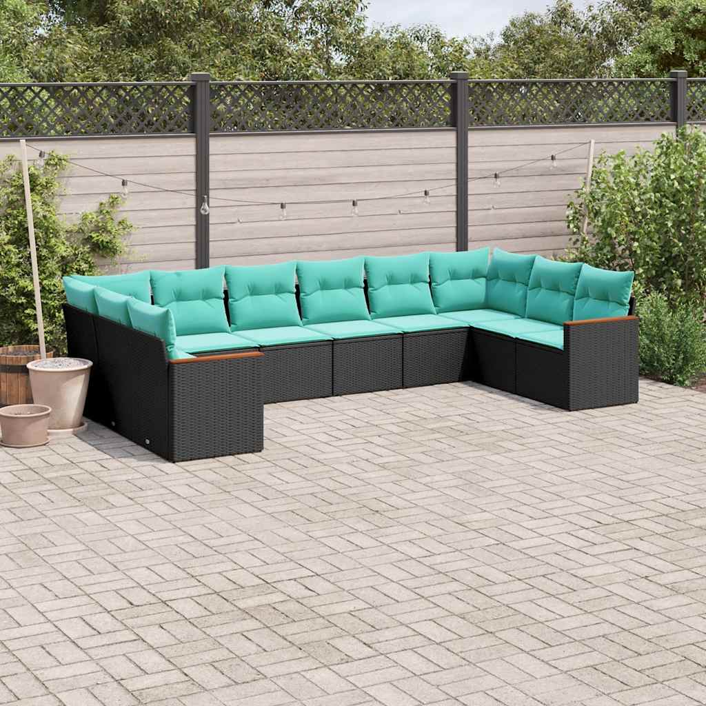 havesofasæt med 10 hynder sort polyrattan